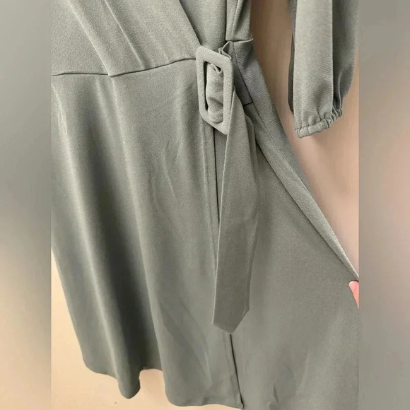 Sage Green Monteau V Neck Belted Dress with Slit and Quarter Length Sleeves NWT - Picture 5 of 7